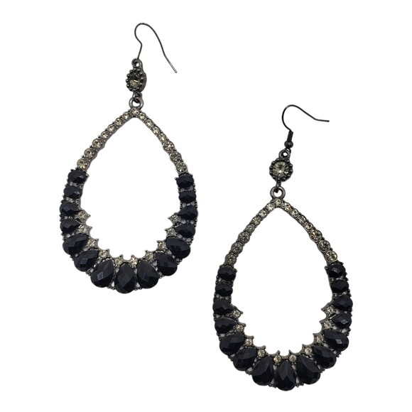 Large Gunmetal Gray Black White Rhinestone Teardrop Hook Dangle Pierced Earrings - Picture 10 of 10